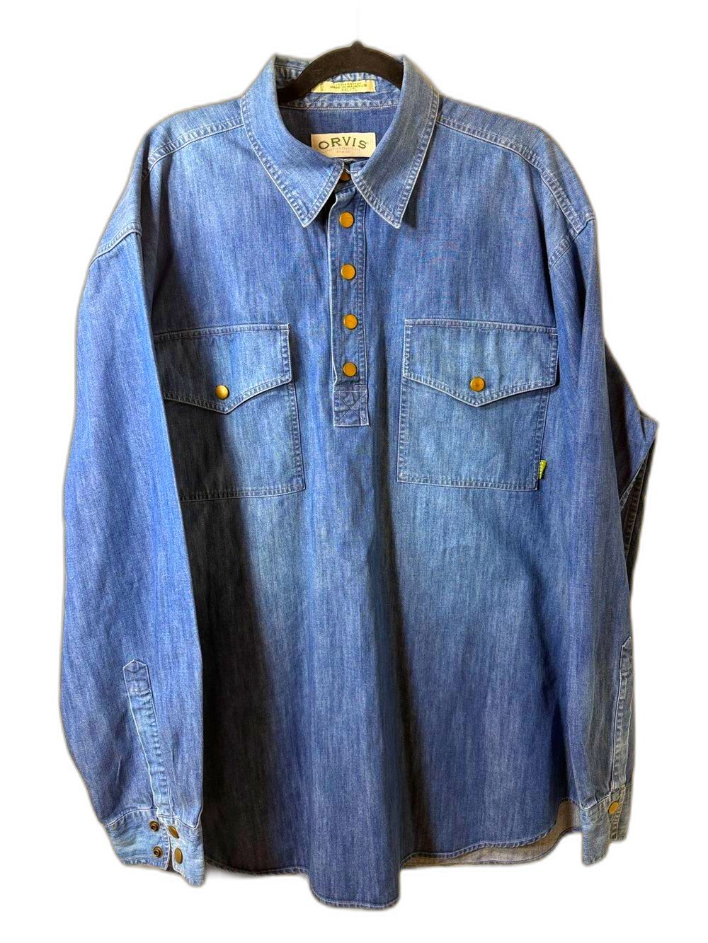 Vintage Orvis Malpai Denim Utility Popover Shirt Brass Snaps Pullover XXL Tall